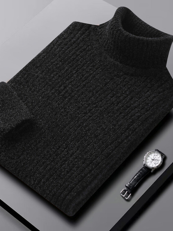 Мъжки Chenille пуловер с висока яка — свободна кройка, дълги ръкави, оребрен край