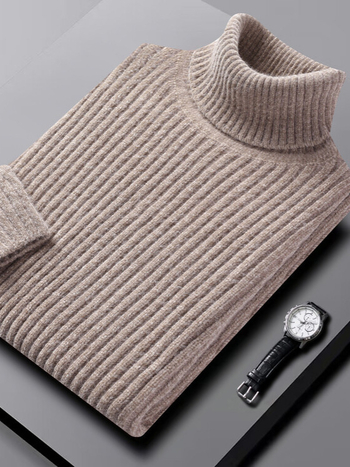 Мъжки Chenille пуловер с висока яка — свободна кройка, дълги ръкави, оребрен край