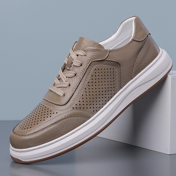 Ανδρικά δερμάτινα σανδάλια με χαμηλό κόψιμο και διάτρητο σχέδιο, με κορδόνια, αναπνεύσιμη επένδυση, καουτσούκ σόλα