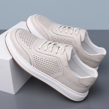 Ανδρικά δερμάτινα σανδάλια με χαμηλό κόψιμο και διάτρητο σχέδιο, με κορδόνια, αναπνεύσιμη επένδυση, καουτσούκ σόλα