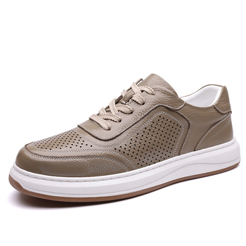 Ανδρικά δερμάτινα σανδάλια με χαμηλό κόψιμο και διάτρητο σχέδιο, με κορδόνια, αναπνεύσιμη επένδυση, καουτσούκ σόλα