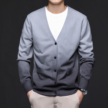 Мъжки Slim-Fit кардиган пуловер с V-образно деколте, Casual корейски стил (акрилна смес; дълги ръкави; оребрен подгъв)
