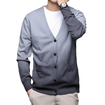 Мъжки Slim-Fit кардиган пуловер с V-образно деколте, Casual корейски стил (акрилна смес; дълги ръкави; оребрен подгъв)
