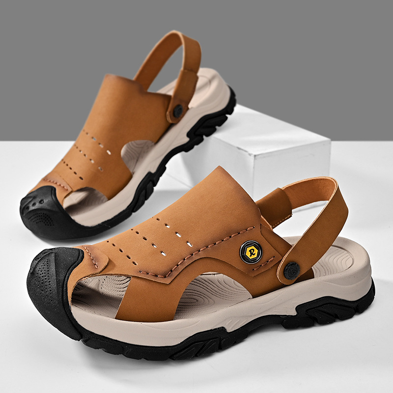 Ανδρικά σανδάλια παραλίας με κλειστό δάχτυλο από δέρμα βοδινού, αναπνεύσιμος διάτρητος σχεδιασμός, καουτσούκ σόλα, εύκολα φοριούνται