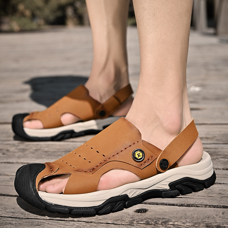 Ανδρικά σανδάλια παραλίας με κλειστό δάχτυλο από δέρμα βοδινού, αναπνεύσιμος διάτρητος σχεδιασμός, καουτσούκ σόλα, εύκολα φοριούνται