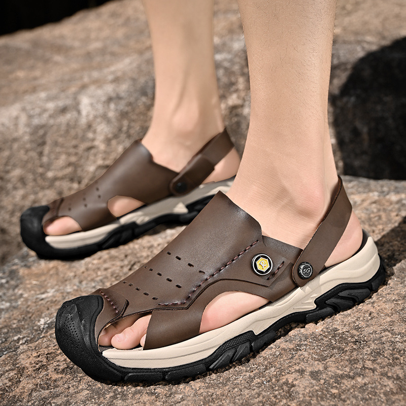 Ανδρικά σανδάλια παραλίας με κλειστό δάχτυλο από δέρμα βοδινού, αναπνεύσιμος διάτρητος σχεδιασμός, καουτσούκ σόλα, εύκολα φοριούνται