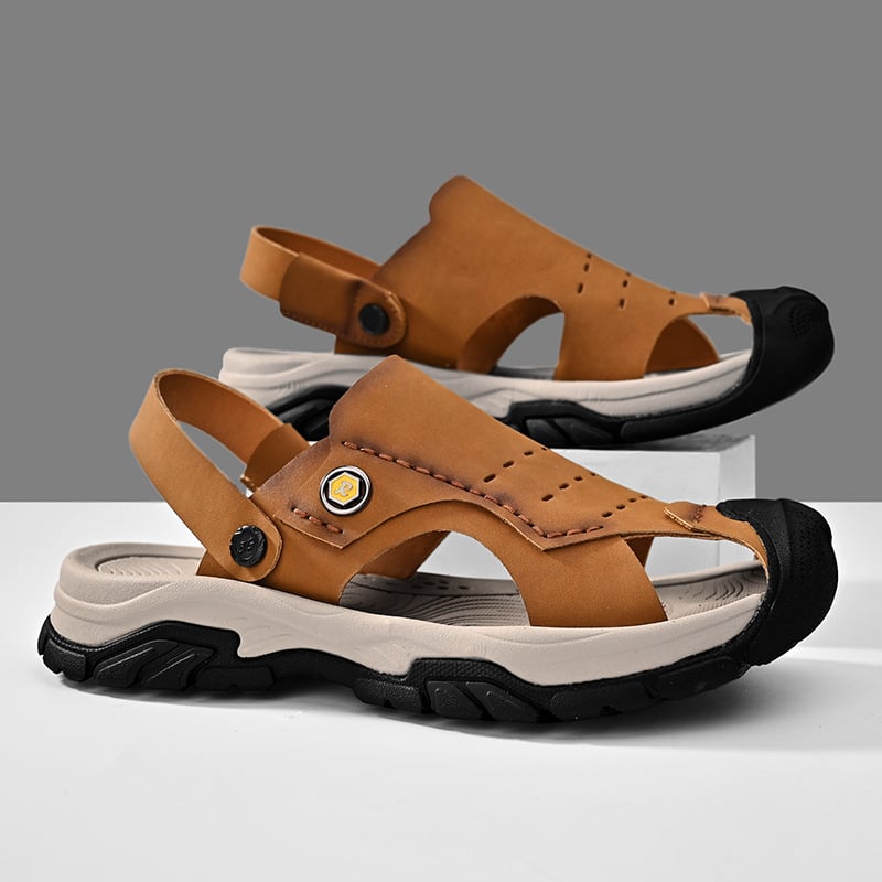 Ανδρικά σανδάλια παραλίας με κλειστό δάχτυλο από δέρμα βοδινού, αναπνεύσιμος διάτρητος σχεδιασμός, καουτσούκ σόλα, εύκολα φοριούνται