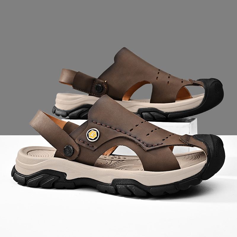Ανδρικά σανδάλια παραλίας με κλειστό δάχτυλο από δέρμα βοδινού, αναπνεύσιμος διάτρητος σχεδιασμός, καουτσούκ σόλα, εύκολα φοριούνται