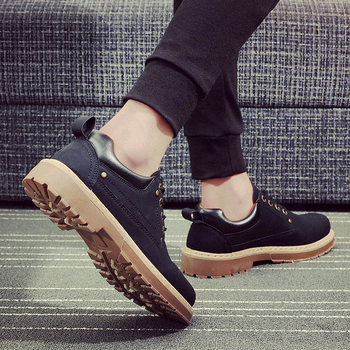 Ανδρικά δερμάτινα παπούτσια εργασίας, PU επάνω μέρος, καουτσούκ σόλα, στρογγυλή μύτη, κορδωτά, χαμηλό τακούνι