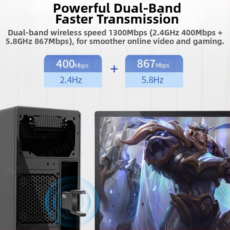 USB безжичен Wi-Fi адаптер, 1300 Mbps, двудиапазонен 2.4 GHz/5.8 GHz, 802.11b/g/n, без драйвери