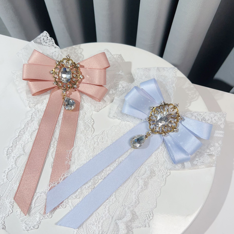 Brošna s čipkom i mašnicom, Lolita-korejski stil, dijamantni detalji, poliester, elektroplatiranje