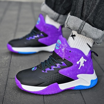 Παιδικά Παπούτσια Μπάσκετ με Απορρόφηση Κραδασμών, Άνω από Συνθετικό Δέρμα, Καουτσούκ Σόλα, Μπροστινό Κλείσιμο με Κορδόνια, Σχέδιο Μπλοκ