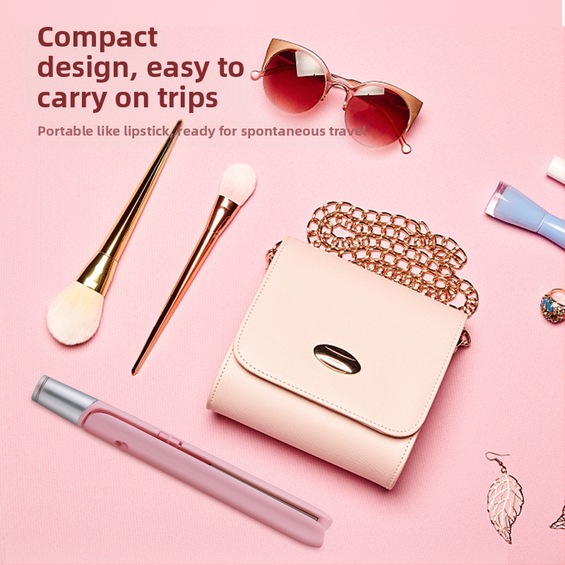 Устройство за изправяне на коса и къдрене USB мини безжично преносимо, турмалиново керамично нагряване, регулируема температура, 110W/50V, подходящо за сухи коси