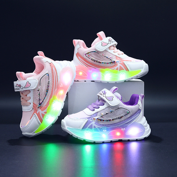 Κοριτσίστικα φωτιζόμενα αθλητικά με πλέγμα πάνω, Velcro κλείσιμο, PVC σόλα, για ηλικίες 1–6, άνοιξη και φθινόπωρο.