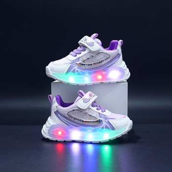 Κοριτσίστικα φωτιζόμενα αθλητικά με πλέγμα πάνω, Velcro κλείσιμο, PVC σόλα, για ηλικίες 1–6, άνοιξη και φθινόπωρο.