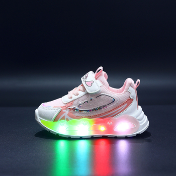 Κοριτσίστικα φωτιζόμενα αθλητικά με πλέγμα πάνω, Velcro κλείσιμο, PVC σόλα, για ηλικίες 1–6, άνοιξη και φθινόπωρο.