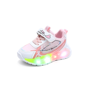 Κοριτσίστικα φωτιζόμενα αθλητικά με πλέγμα πάνω, Velcro κλείσιμο, PVC σόλα, για ηλικίες 1–6, άνοιξη και φθινόπωρο.