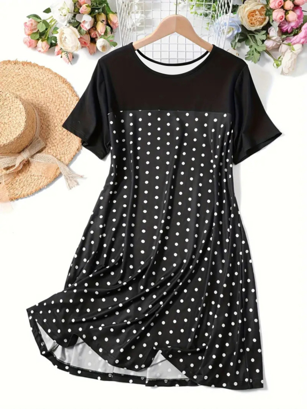 Rochie din poliester, imprimeu buline, guler rotund, mâneci scurte, croială A-line