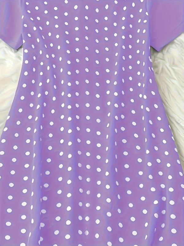 Rochie din poliester, imprimeu buline, guler rotund, mâneci scurte, croială A-line