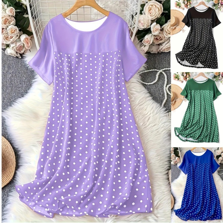 Rochie din poliester, imprimeu buline, guler rotund, mâneci scurte, croială A-line