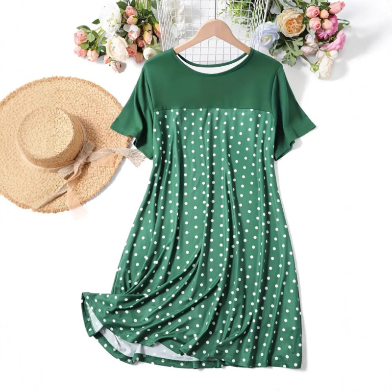 Rochie din poliester, imprimeu buline, guler rotund, mâneci scurte, croială A-line