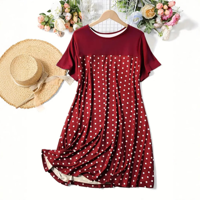 Rochie din poliester, imprimeu buline, guler rotund, mâneci scurte, croială A-line