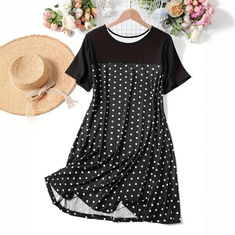 Rochie din poliester, imprimeu buline, guler rotund, mâneci scurte, croială A-line