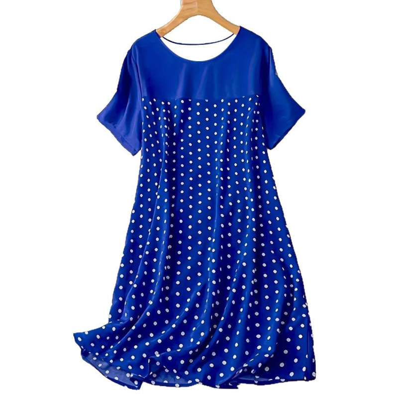 Rochie din poliester, imprimeu buline, guler rotund, mâneci scurte, croială A-line