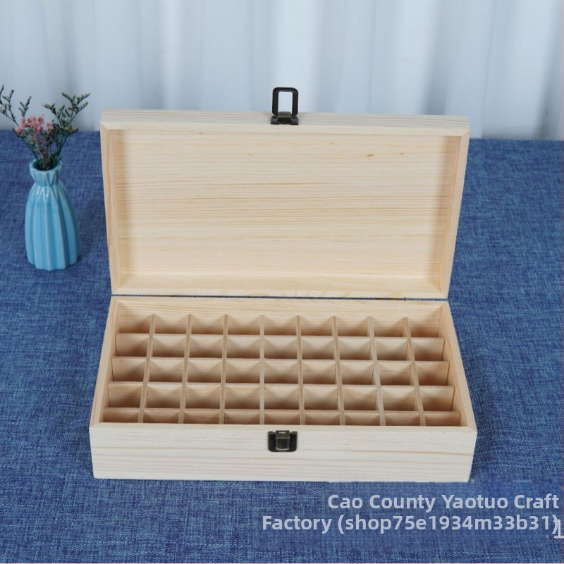 Fából készült illóolaj tároló doboz, több rekeszével, asztali kivitel, lehajtható fedél, logó nyomtatható