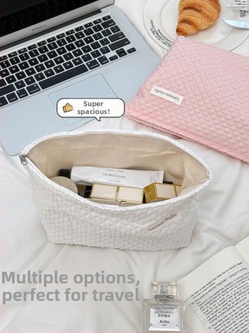 Козметична чанта за съхранение – преносима, голям капацитет; полиестерна материя с каре шарка, подплата полиестер, стил минималистичен и луксозен