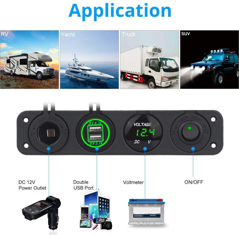 Willwin 4-in-1 automobilio cigarečių degiklio adapteris su USB voltmetru ir jungikliu, SKU19-1M, skirtas automobiliui, motociklui, jachtai ir RV