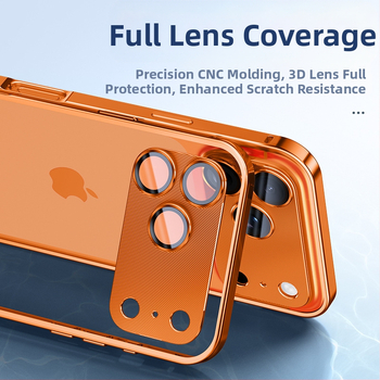 Metāla rāmis vāciņš iPhone ar objektīva aizsargājošu foliju; saderīgs ar iPhone 17 Pro Max un 16 Pro; materiāls: metāls; izgatavošana: karstais locējums; funkcijas: triecienizturīgs, siltuma izkliede, pret pirkstu nospiedumiem.