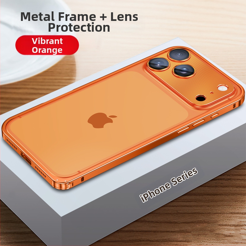 Kovový rámový kryt na iPhone s ochranou objektívu; kompatibilný s iPhone 17 Pro Max a 16 Pro; materiál: kov; spracovanie: horúce ohýbanie; funkcie: odolný voči nárazom, odvádza teplo, proti otlačkom prstov.