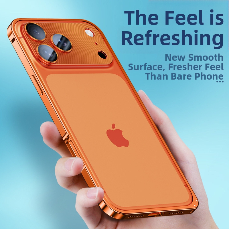 Kovový rámový kryt na iPhone s ochranou objektívu; kompatibilný s iPhone 17 Pro Max a 16 Pro; materiál: kov; spracovanie: horúce ohýbanie; funkcie: odolný voči nárazom, odvádza teplo, proti otlačkom prstov.