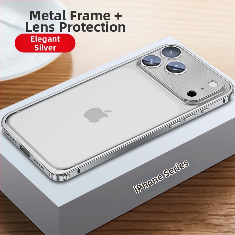 Kovový rámový kryt na iPhone s ochranou objektívu; kompatibilný s iPhone 17 Pro Max a 16 Pro; materiál: kov; spracovanie: horúce ohýbanie; funkcie: odolný voči nárazom, odvádza teplo, proti otlačkom prstov.