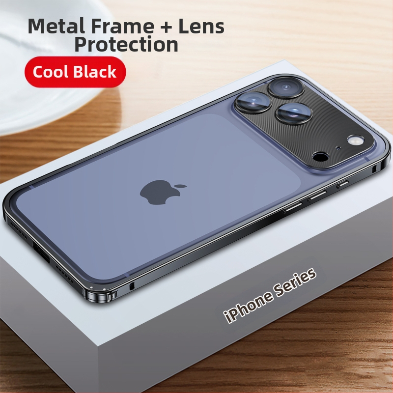 Metāla rāmis vāciņš iPhone ar objektīva aizsargājošu foliju; saderīgs ar iPhone 17 Pro Max un 16 Pro; materiāls: metāls; izgatavošana: karstais locējums; funkcijas: triecienizturīgs, siltuma izkliede, pret pirkstu nospiedumiem.