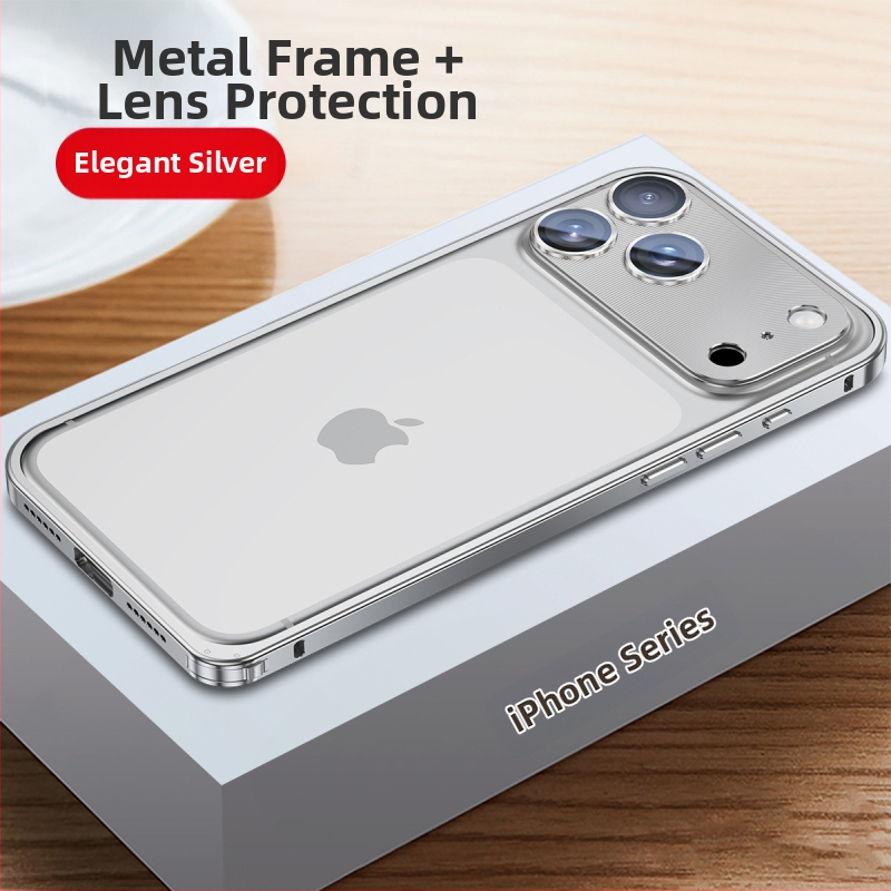 Metāla rāmis vāciņš iPhone ar objektīva aizsargājošu foliju; saderīgs ar iPhone 17 Pro Max un 16 Pro; materiāls: metāls; izgatavošana: karstais locējums; funkcijas: triecienizturīgs, siltuma izkliede, pret pirkstu nospiedumiem.