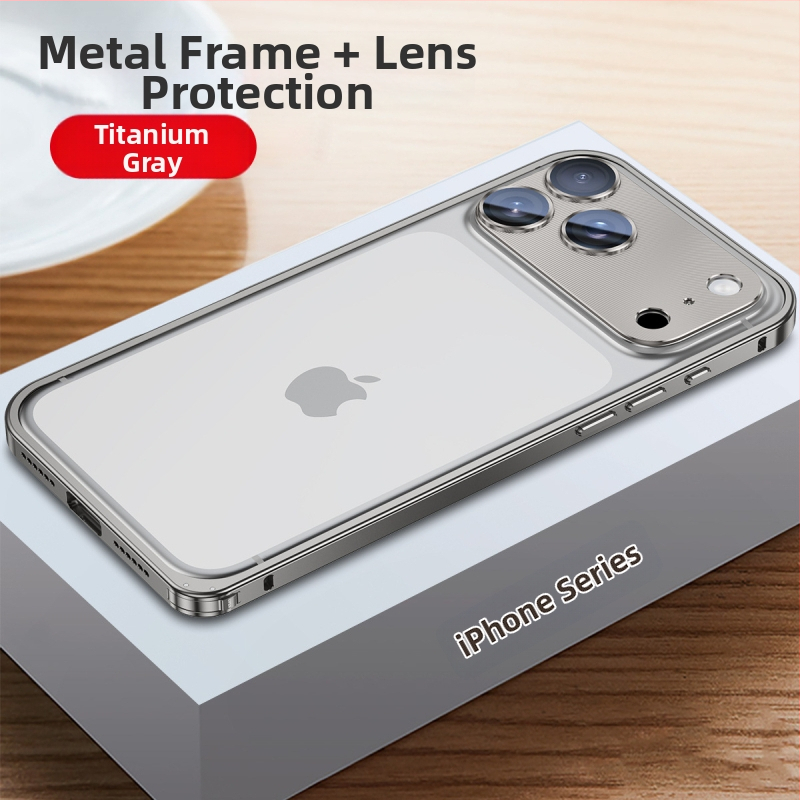 Metāla rāmis vāciņš iPhone ar objektīva aizsargājošu foliju; saderīgs ar iPhone 17 Pro Max un 16 Pro; materiāls: metāls; izgatavošana: karstais locējums; funkcijas: triecienizturīgs, siltuma izkliede, pret pirkstu nospiedumiem.