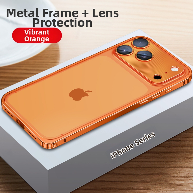 Metāla rāmis vāciņš iPhone ar objektīva aizsargājošu foliju; saderīgs ar iPhone 17 Pro Max un 16 Pro; materiāls: metāls; izgatavošana: karstais locējums; funkcijas: triecienizturīgs, siltuma izkliede, pret pirkstu nospiedumiem.
