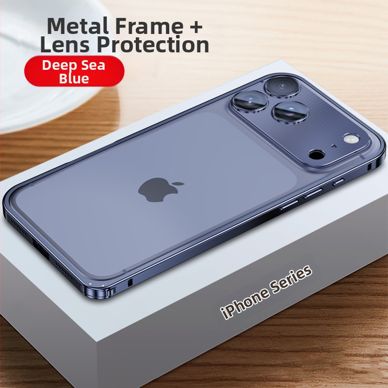 Metāla rāmis vāciņš iPhone ar objektīva aizsargājošu foliju; saderīgs ar iPhone 17 Pro Max un 16 Pro; materiāls: metāls; izgatavošana: karstais locējums; funkcijas: triecienizturīgs, siltuma izkliede, pret pirkstu nospiedumiem.