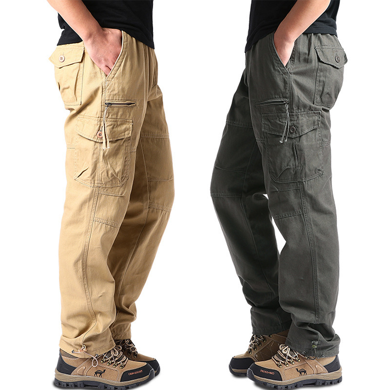 Pantaloni casual de lucru pentru bărbați, croială lejeră, din bumbac, talie medie, fermoar, drept, multe buzunare