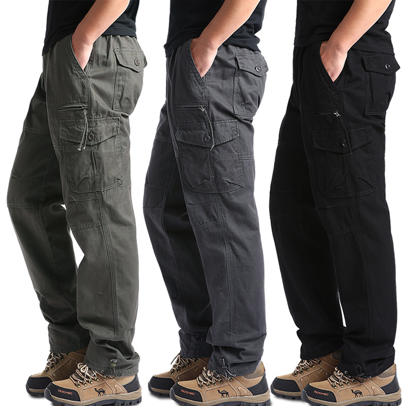 Pantaloni casual de lucru pentru bărbați, croială lejeră, din bumbac, talie medie, fermoar, drept, multe buzunare