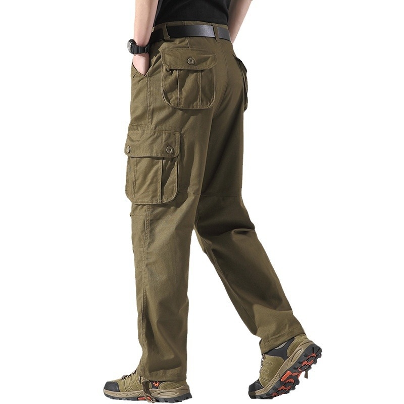 Pantaloni casual de lucru pentru bărbați, croială lejeră, din bumbac, talie medie, fermoar, drept, multe buzunare