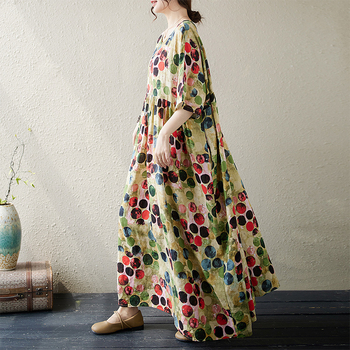 Φόρεμα Α-γραμμής με εκτύπωση — βαμβακο-λινα ύφασμα, φυτικό φλοράλ μοτίβο, στρογγυλός λαιμός, μισά μανίκια, άνετη μέση