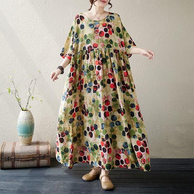 Rochie A-line imprimată — bumbac-lin, model floral vegetal, guler rotund, mâneci scurte, talie lejeră