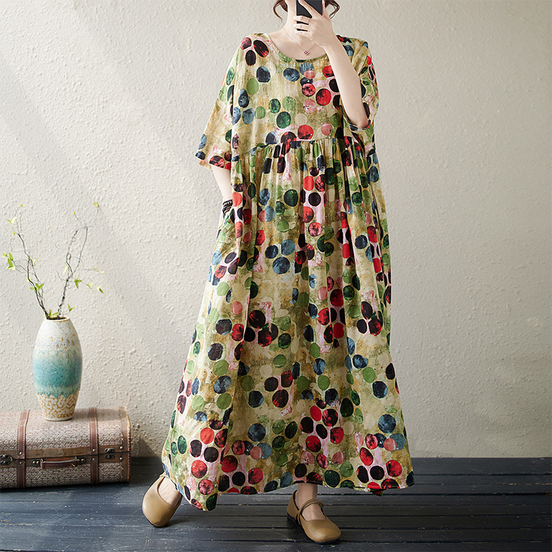 Rochie A-line imprimată — bumbac-lin, model floral vegetal, guler rotund, mâneci scurte, talie lejeră