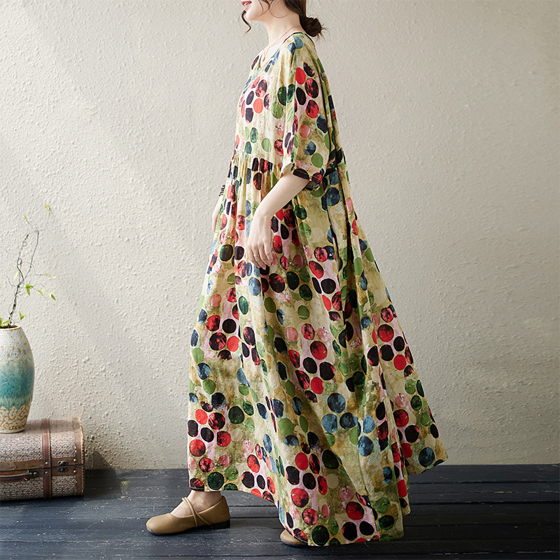 Rochie A-line imprimată — bumbac-lin, model floral vegetal, guler rotund, mâneci scurte, talie lejeră