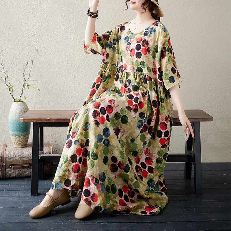 Rochie A-line imprimată — bumbac-lin, model floral vegetal, guler rotund, mâneci scurte, talie lejeră