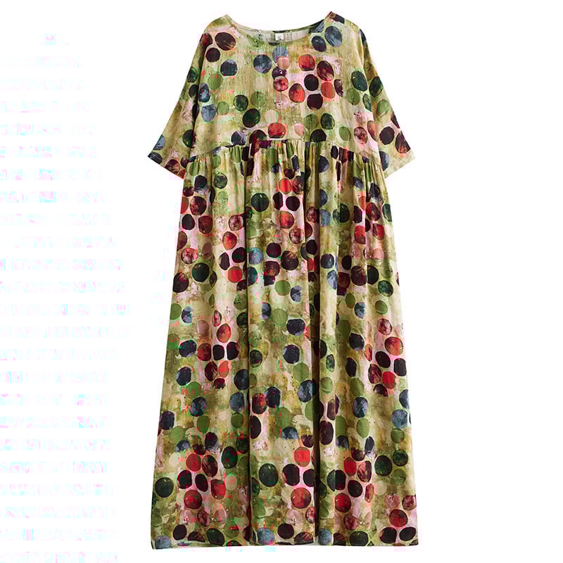 Rochie A-line imprimată — bumbac-lin, model floral vegetal, guler rotund, mâneci scurte, talie lejeră