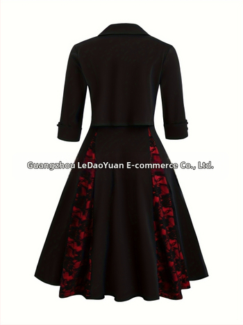 Σετ δύο τεμαχίων: φόρεμα και ζακετάκι με εκτύπωση δαντέλας σε ροζ τριαντάφυλλα, μεσαίου μήκους πλεκτό φόρεμα, πολυεστέρας και σπάντεξ, ρετρό στυλ